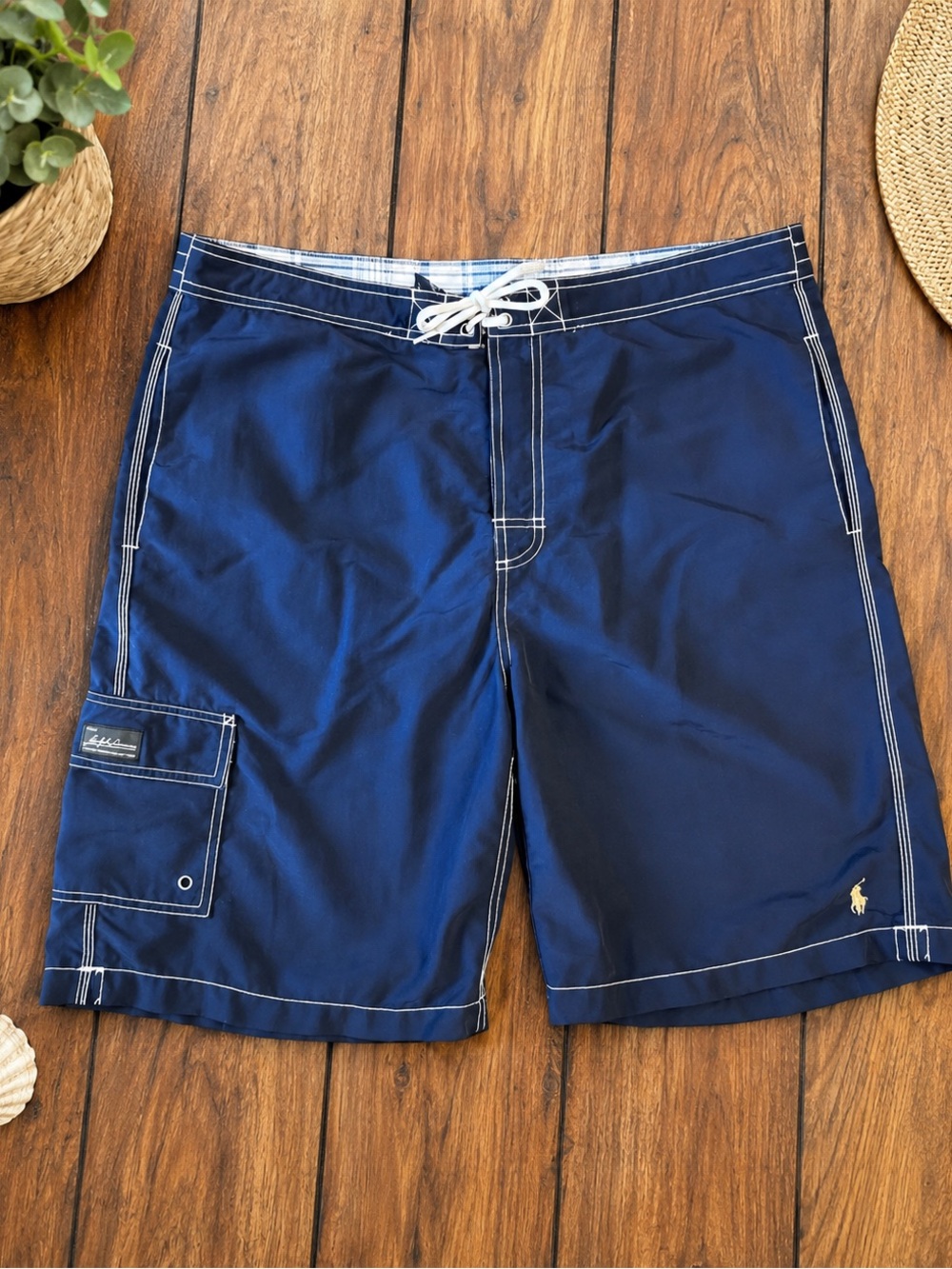 ☀️ Polo Ralph Lauren Navy Blue Swim Trunks Yellow Pony Men’s Large Board Shorts
